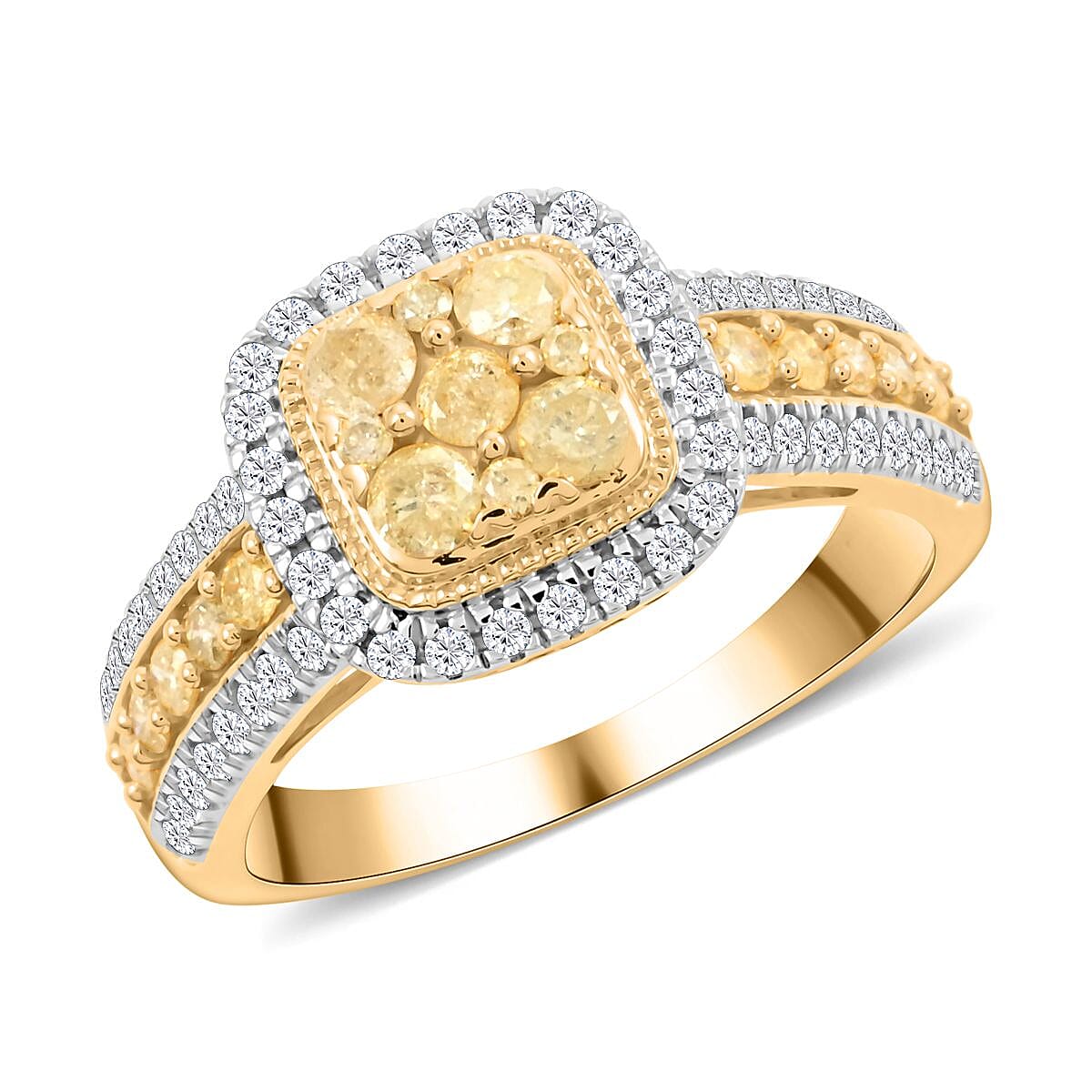 Natural Yellow Diamond, White Diamond Ring in 14K YG Over Sterling Silver (Size 5.5) 1.00 ctw