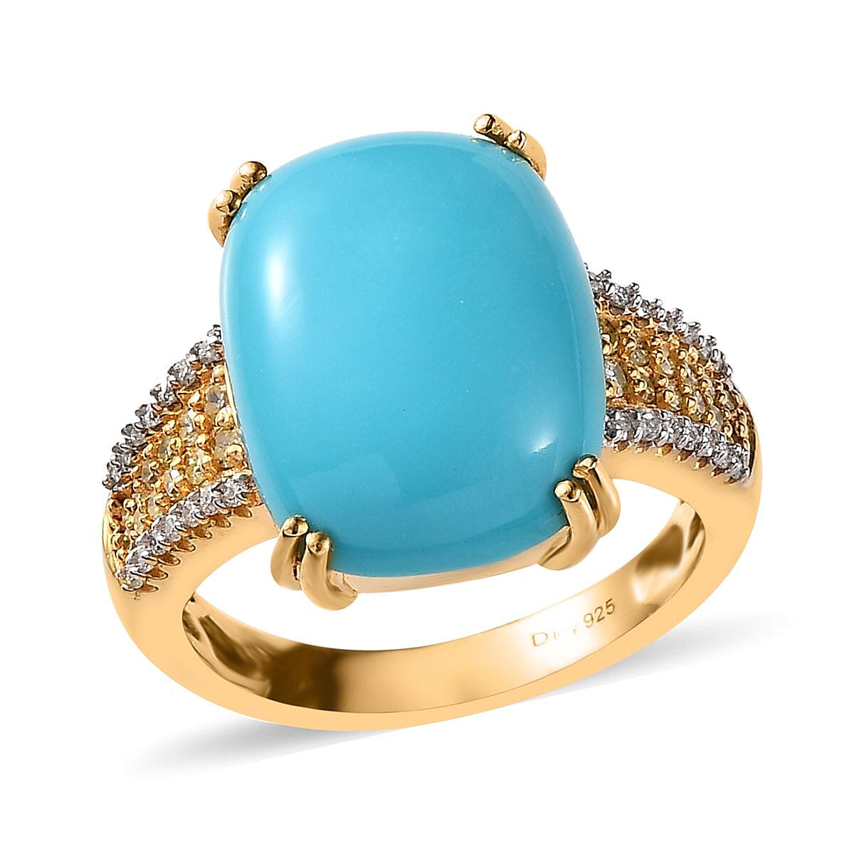 Doorbuster Sleeping Beauty Turquoise, Moissanite, Natural Yellow Diamond (0.20 cts) Ring in Vermeil YG Over Sterling Silver (Size 10.0) 7.40 ctw