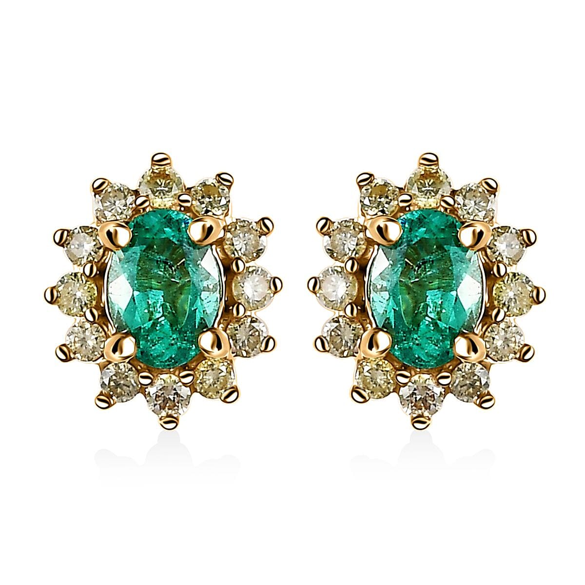 Luxoro 14K Yellow Gold AAA Boyaca Colombian Emerald and I2 Natural Yellow Diamond Sunburst Stud Earrings 0.65 ctw