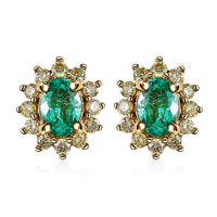 Luxoro 14K Yellow Gold AAA Boyaca Colombian Emerald and I2 Natural Yellow Diamond Sunburst Stud Earrings 0.65 ctw
