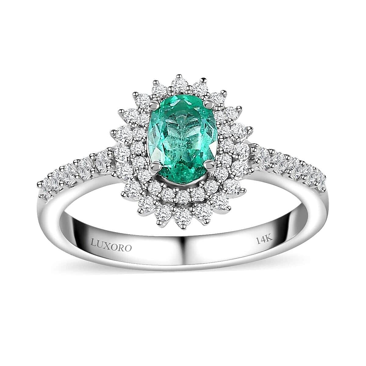 14K White Gold AAA Boyaca Colombian Emerald, White Diamond (G-H, I2) (0.45 cts) Double Halo Ring (Size 7.0) 1.00 ctw