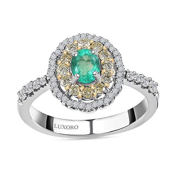 Doorbuster Luxoro 14K White Gold AAA Boyaca Colombian Emerald, I2 Natural Yellow and White Diamond Double Halo Ring (Size 10.0) 1.15 ctw