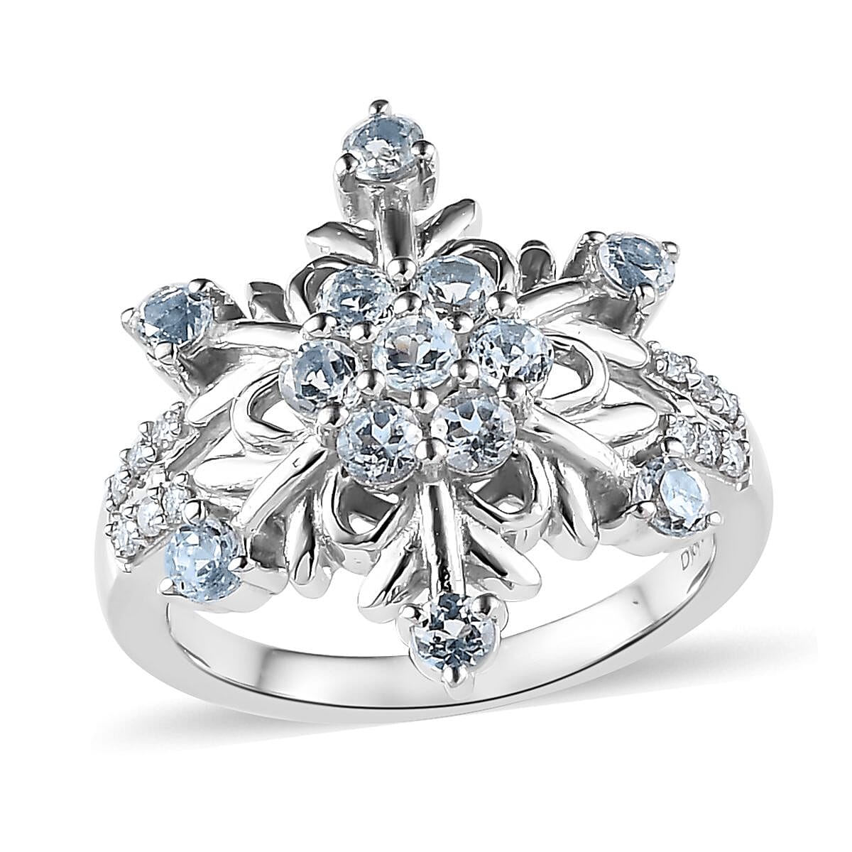 Premium Sky Blue Topaz and Moissanite Snowflake Ring in Platinum Over Sterling Silver (Size 6.0) 1.15 ctw