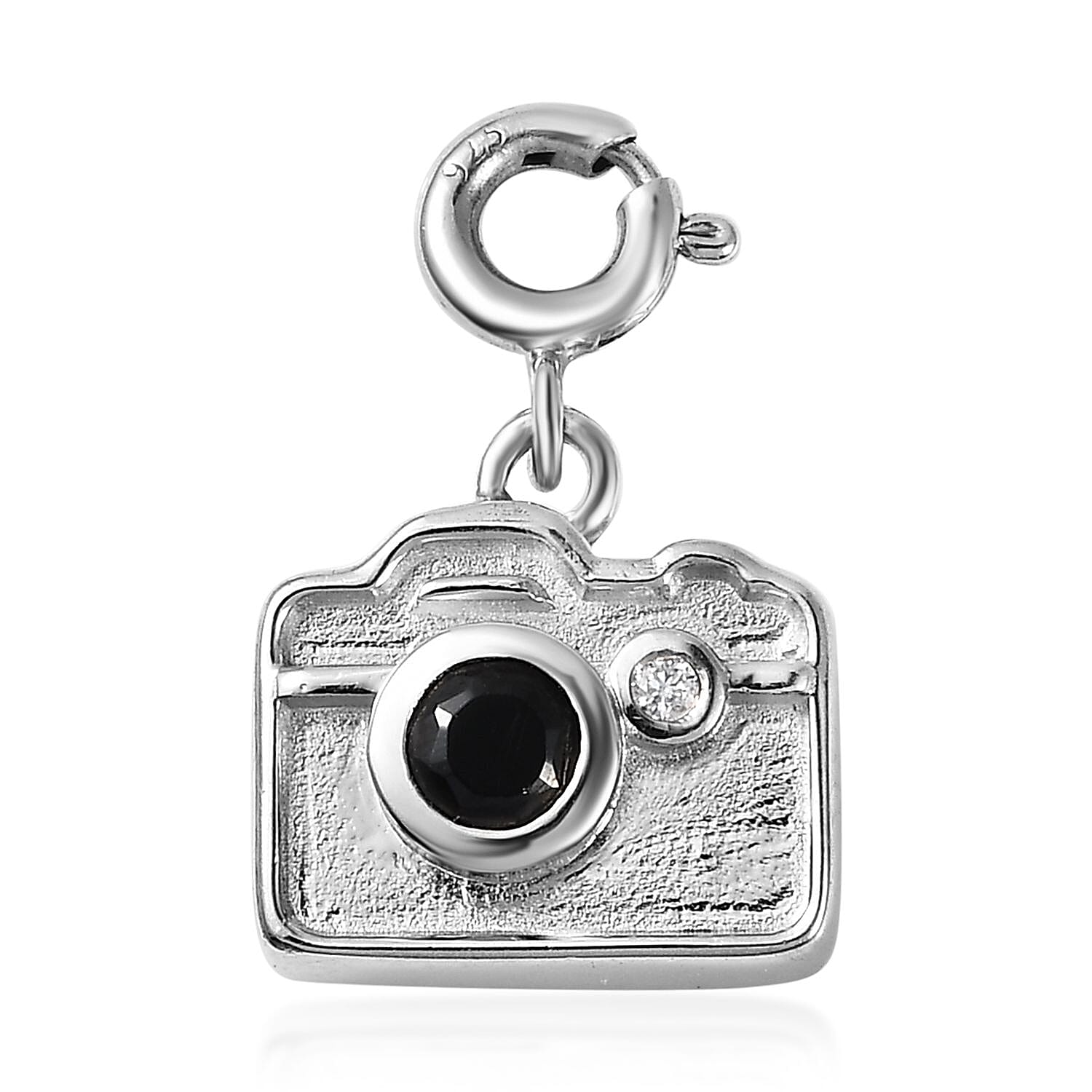 Thai Black Spinel and Moissanite Camera Charm in Platinum Over Sterling Silver 0.35 ctw
