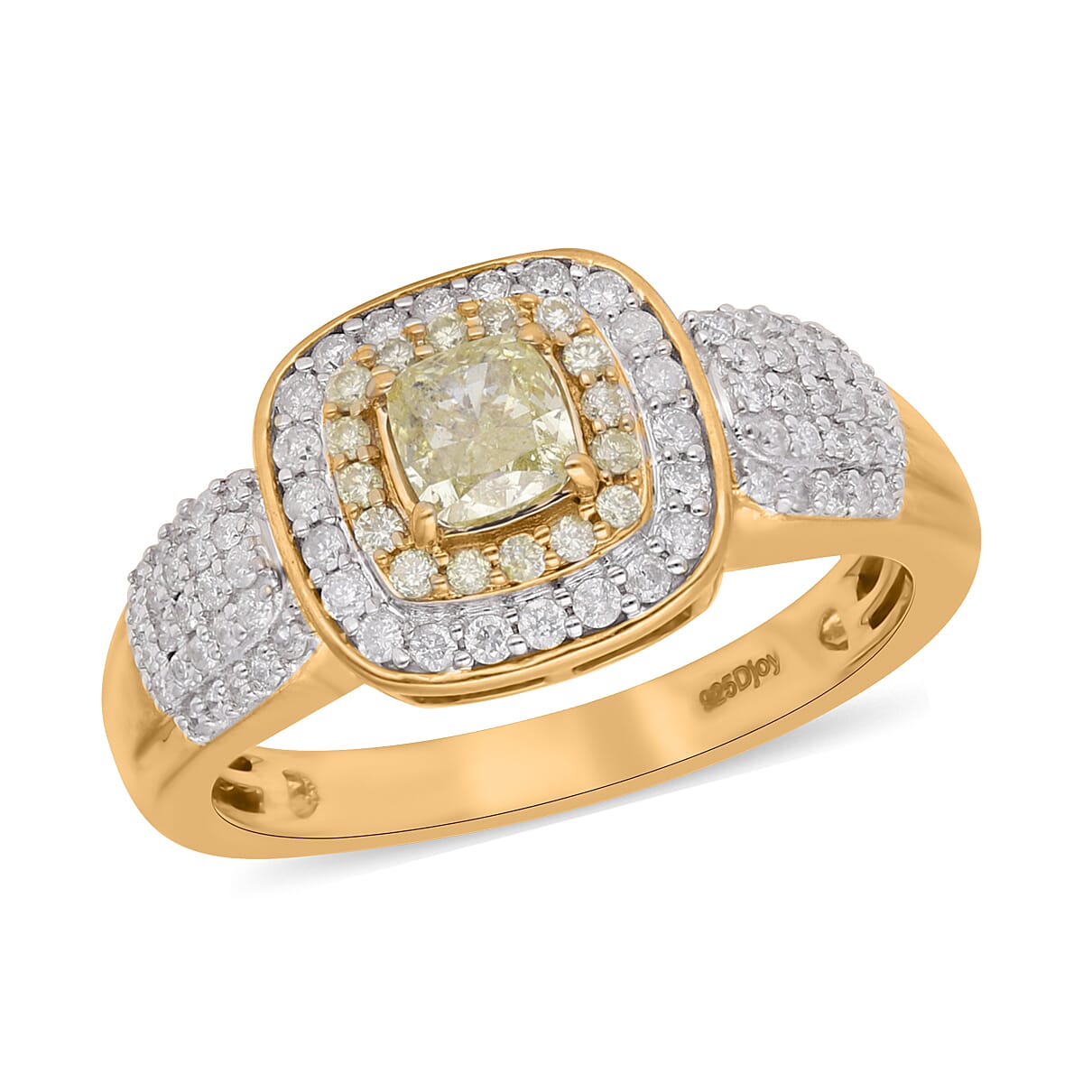 Natural Yellow and White Diamond Double Halo Ring in Vermeil Yellow Gold Over Sterling Silver 1.00 ctw