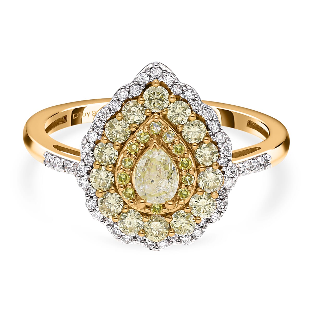 Natural Yellow and White Diamond Double Halo Ring in Vermeil Yellow Gold Over Sterling Silver 0.50 ctw