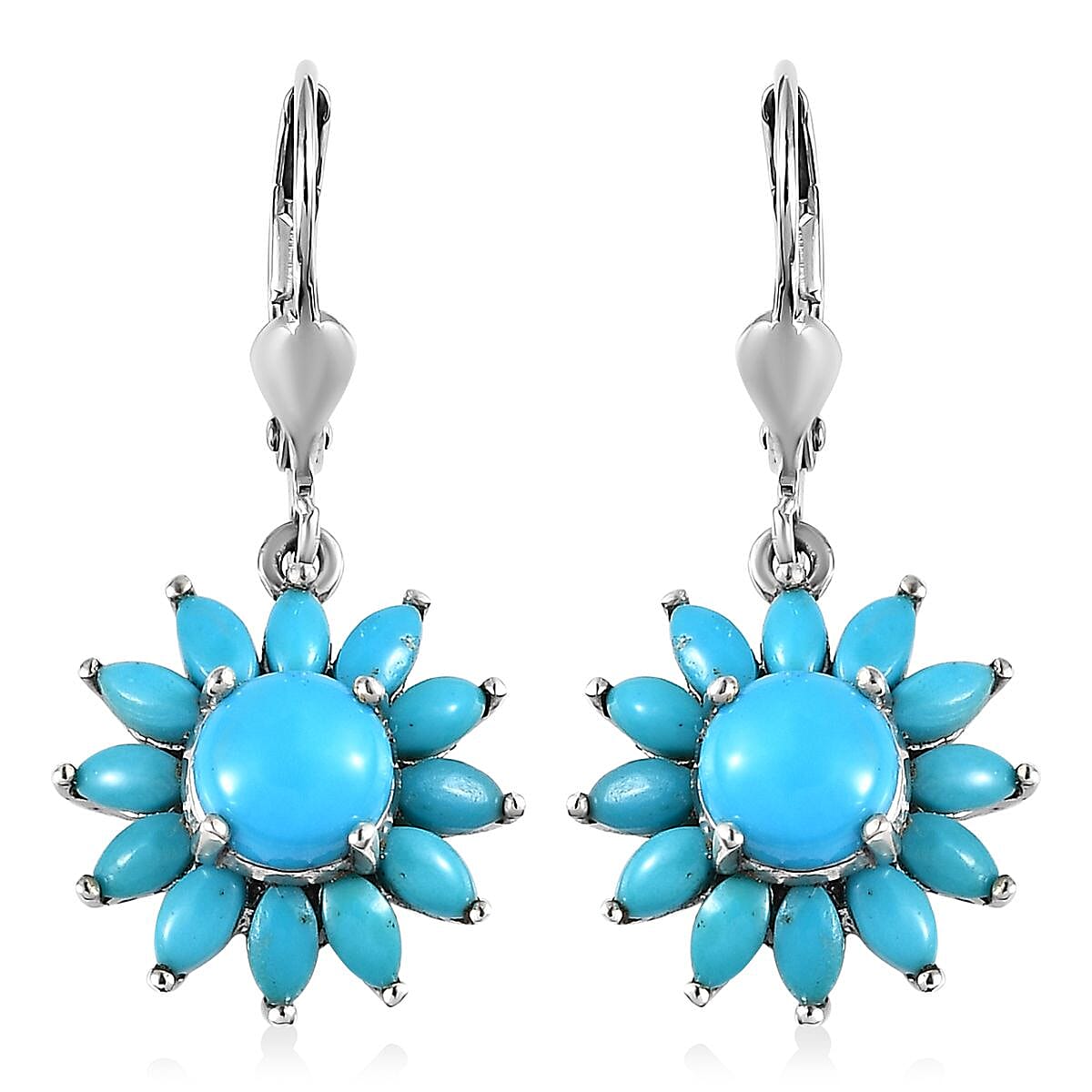Premium Sleeping Beauty Turquoise Floral Lever Back Earrings in Platinum Over Sterling Silver 3.60 ctw