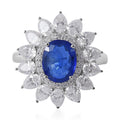 Tanzanian Blue Spinel (DF) and Moissanite Floral Ring in Platinum Over Sterling Silver (Size 10.0) 4.65 ctw - Sticky add to cart bar