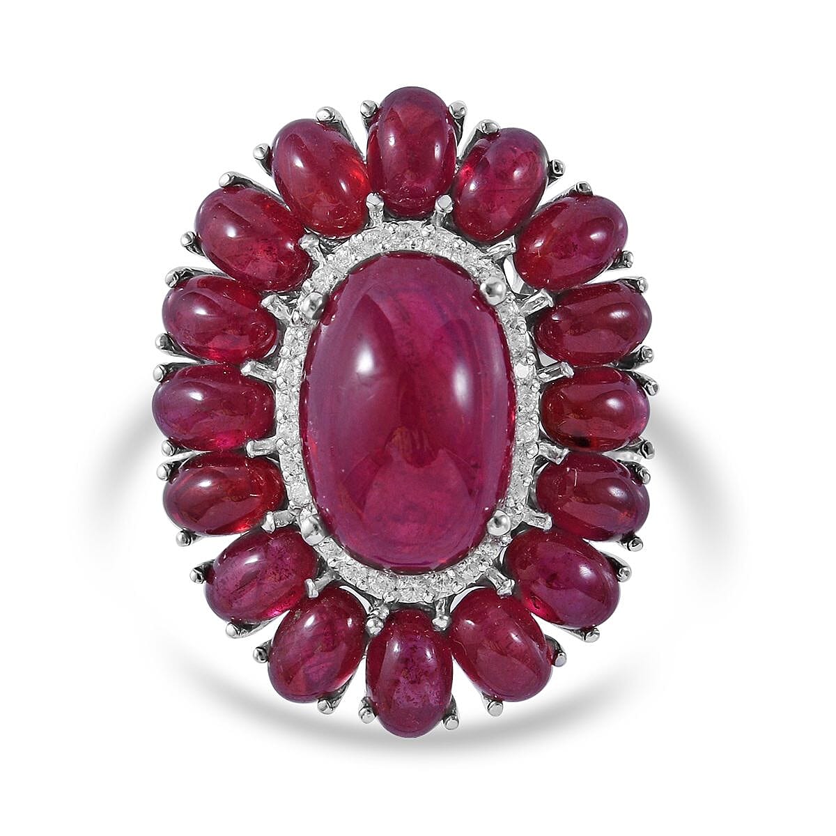 African Ruby and White Zircon Halo Ring in Platinum Over Sterling Silver 23.40 ctw