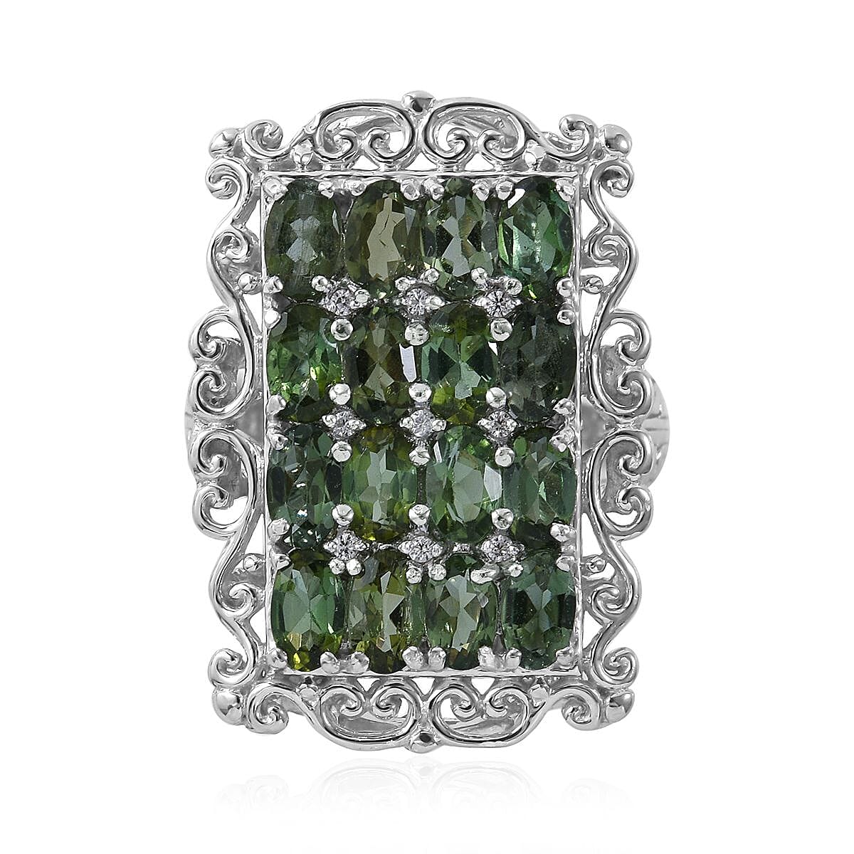 Doorbuster Shade of Green Tourmaline, White Zircon Elongated Ring in Platinum Over Sterling Silver (Size 8.0) 3.85 ctw