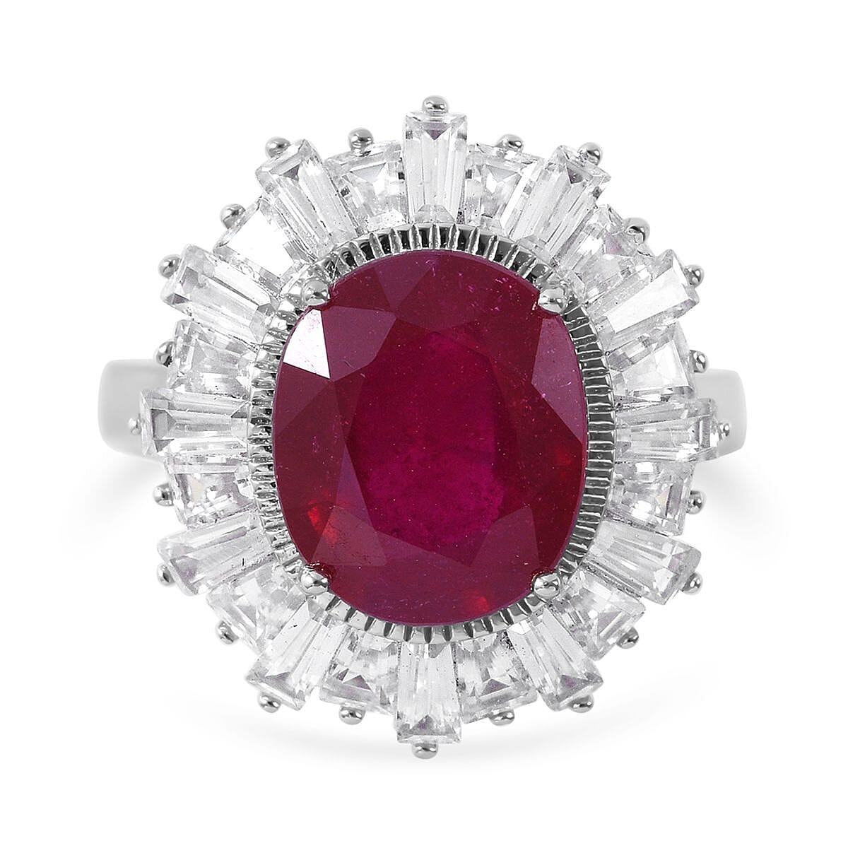 Niassa Ruby (FF) and White Zircon Halo Ring in Platinum Over Sterling Silver 9.60 ctw