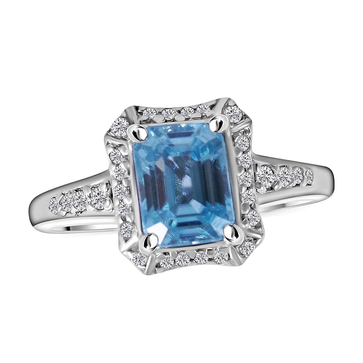 AAA Cambodian Blue Zircon and White Zircon Ring in Platinum Over Sterling Silver (Size 10.0) 2.40 ctw