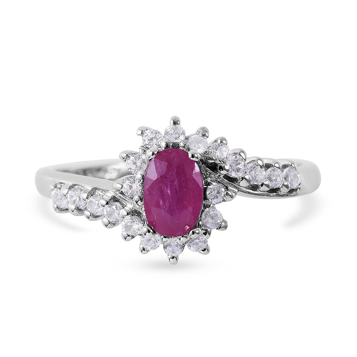 Premium Montepuez Ruby and White Zircon Floral Bypass Ring in Platinum Over Sterling Silver 1.00 ctw