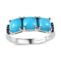 Sleeping Beauty Turquoise and Blue Diamond Trilogy Ring in Platinum Over Sterling Silver (Size 8.0) 1.85 ctw