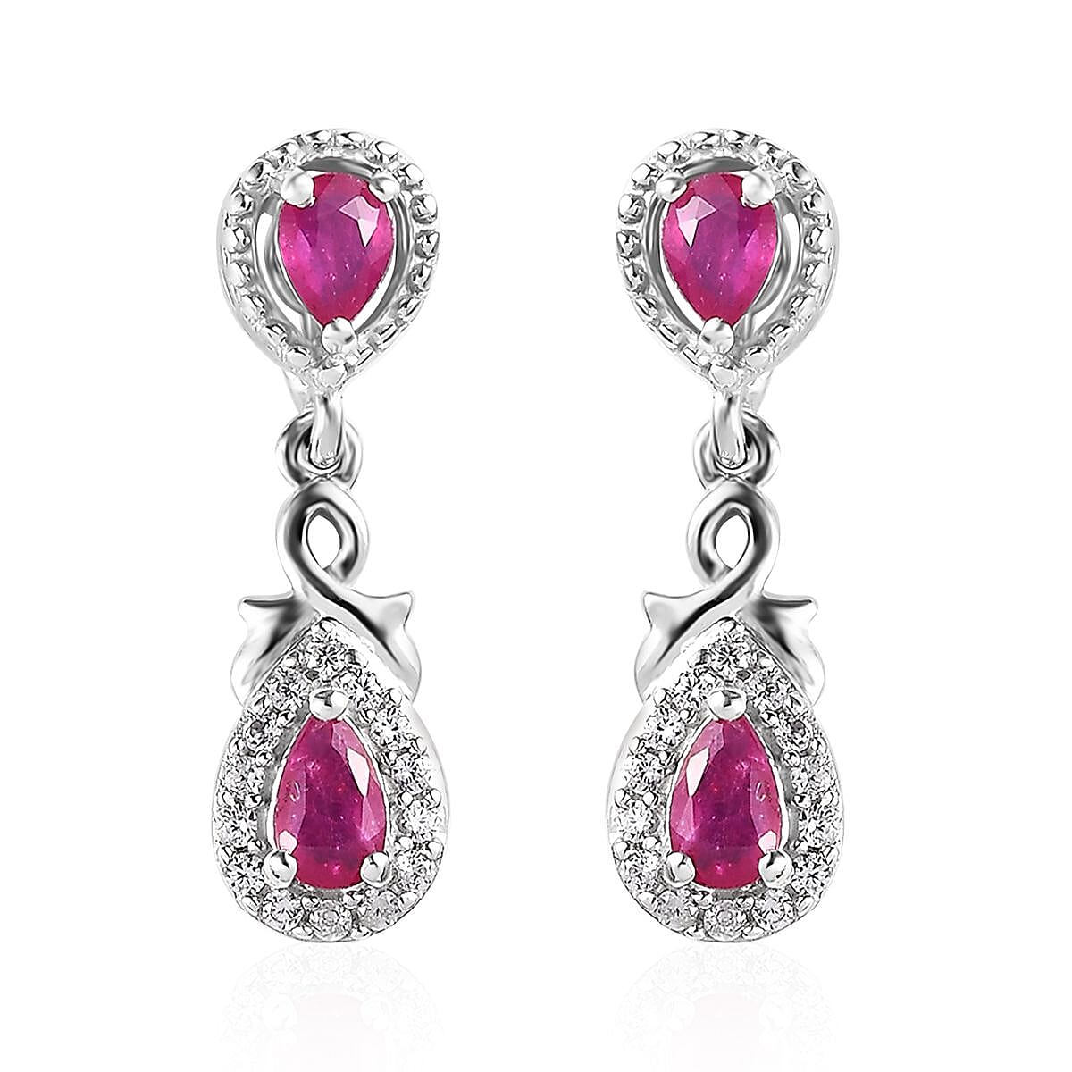 Premium Montepuez Ruby and White Zircon Dangle Earrings in Platinum Over Sterling Silver 1.00 ctw
