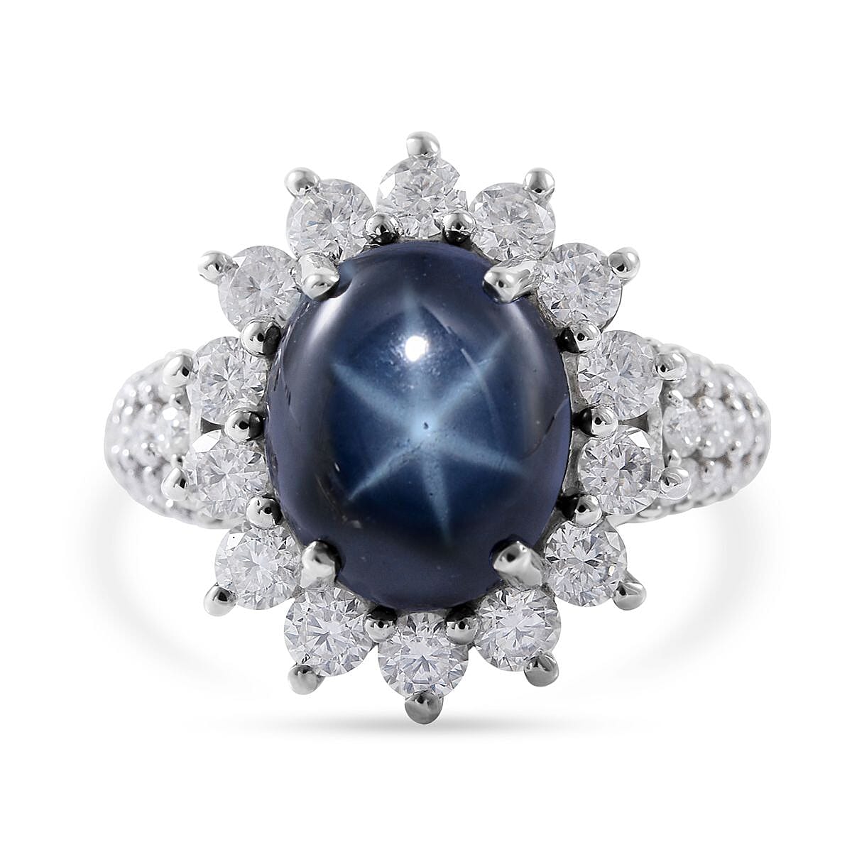 Blue Star Sapphire (DF) and Moissanite Floral Ring in Platinum Over Sterling Silver (Size 10.0) 7.50 ctw
