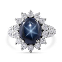 Blue Star Sapphire (DF) and Moissanite Floral Ring in Platinum Over Sterling Silver (Size 10.0) 7.50 ctw