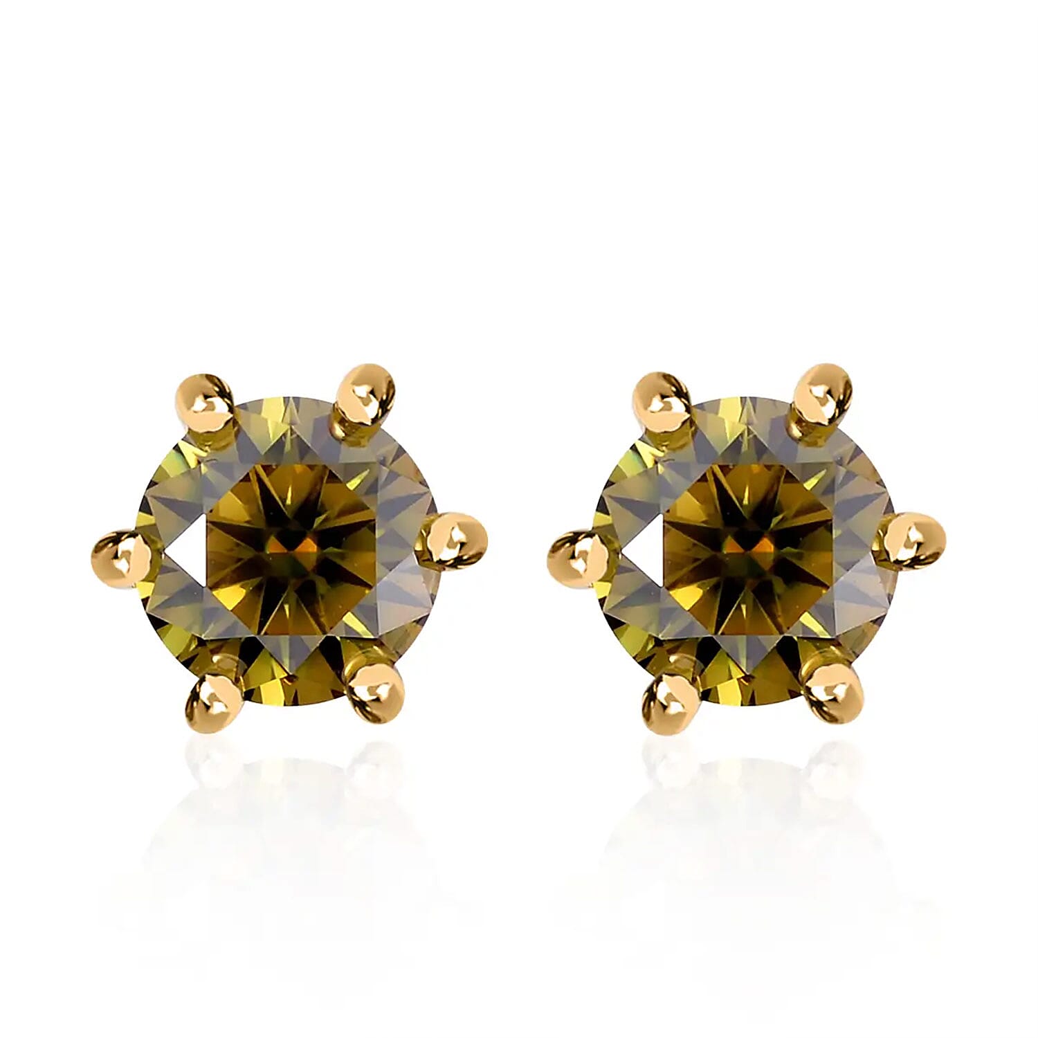 Olive Green Moissanite Solitaire Stud Earrings in Vermeil YG Over Sterling Silver 1.90 ctw