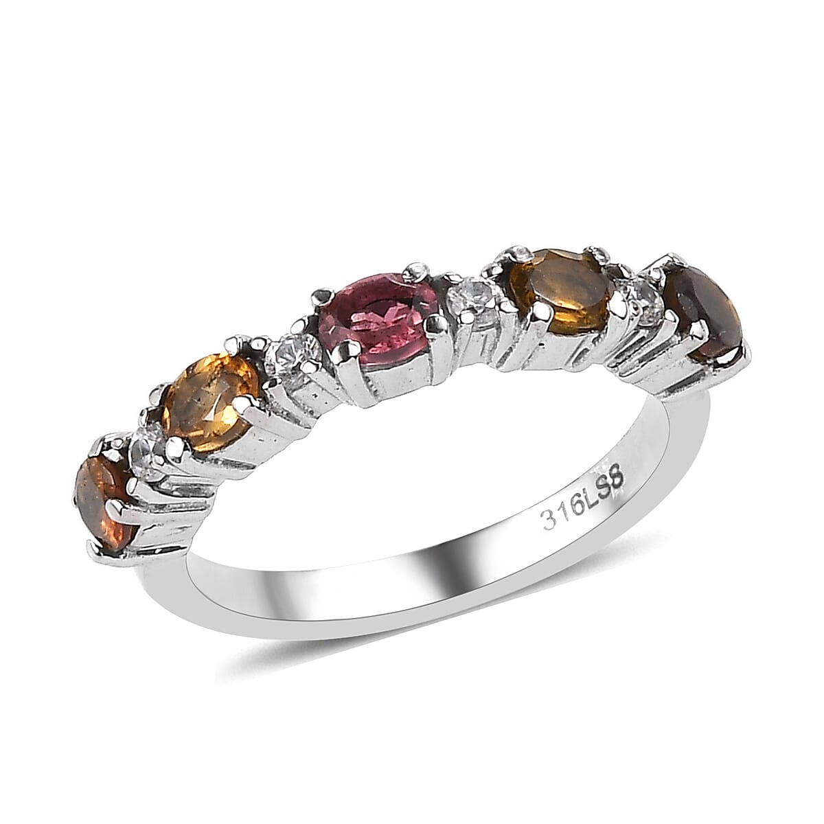 Multi-Tourmaline, White Zircon Ring in Stainless Steel (Size 10.0) 0.90 ctw