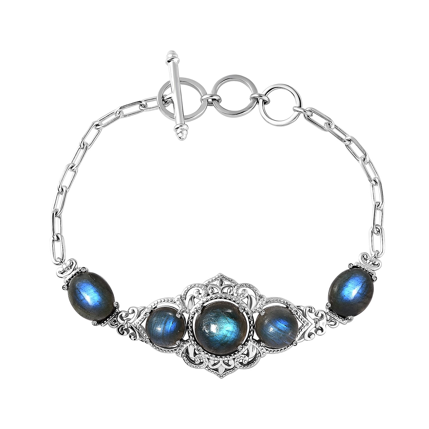 Karis Malagasy Labradorite Toggle Clasp Bracelet in Platinum Bond and Stainless Steel (6.50 In) 13.40 ctw