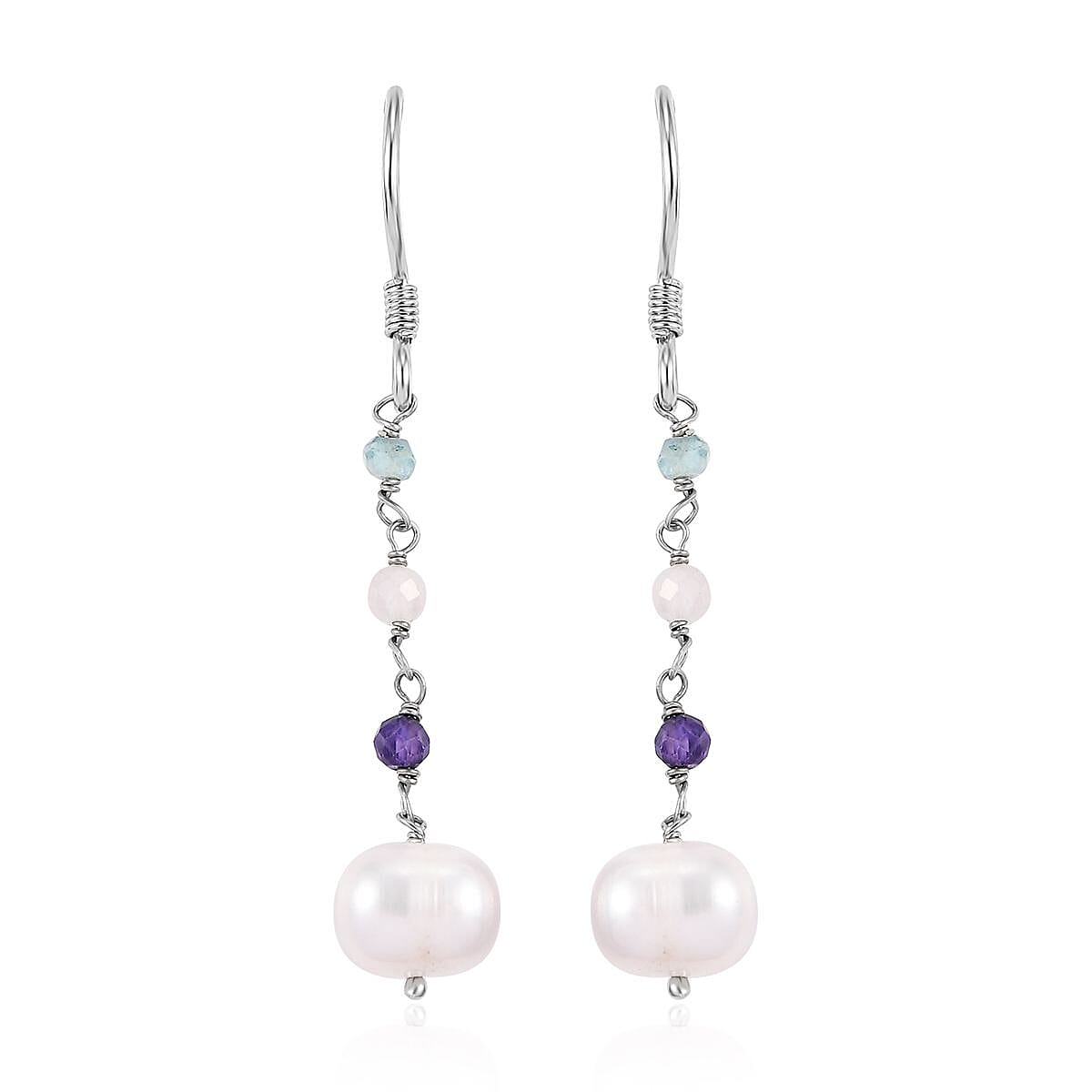 Freshwater Pearl and Multi Gemstone Earrings in Sterling Silver 1.35 ctw