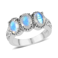 Premium Rainbow Moonstone 3 Stone Ring in Stainless Steel (Size 10.0) 2.25 ctw