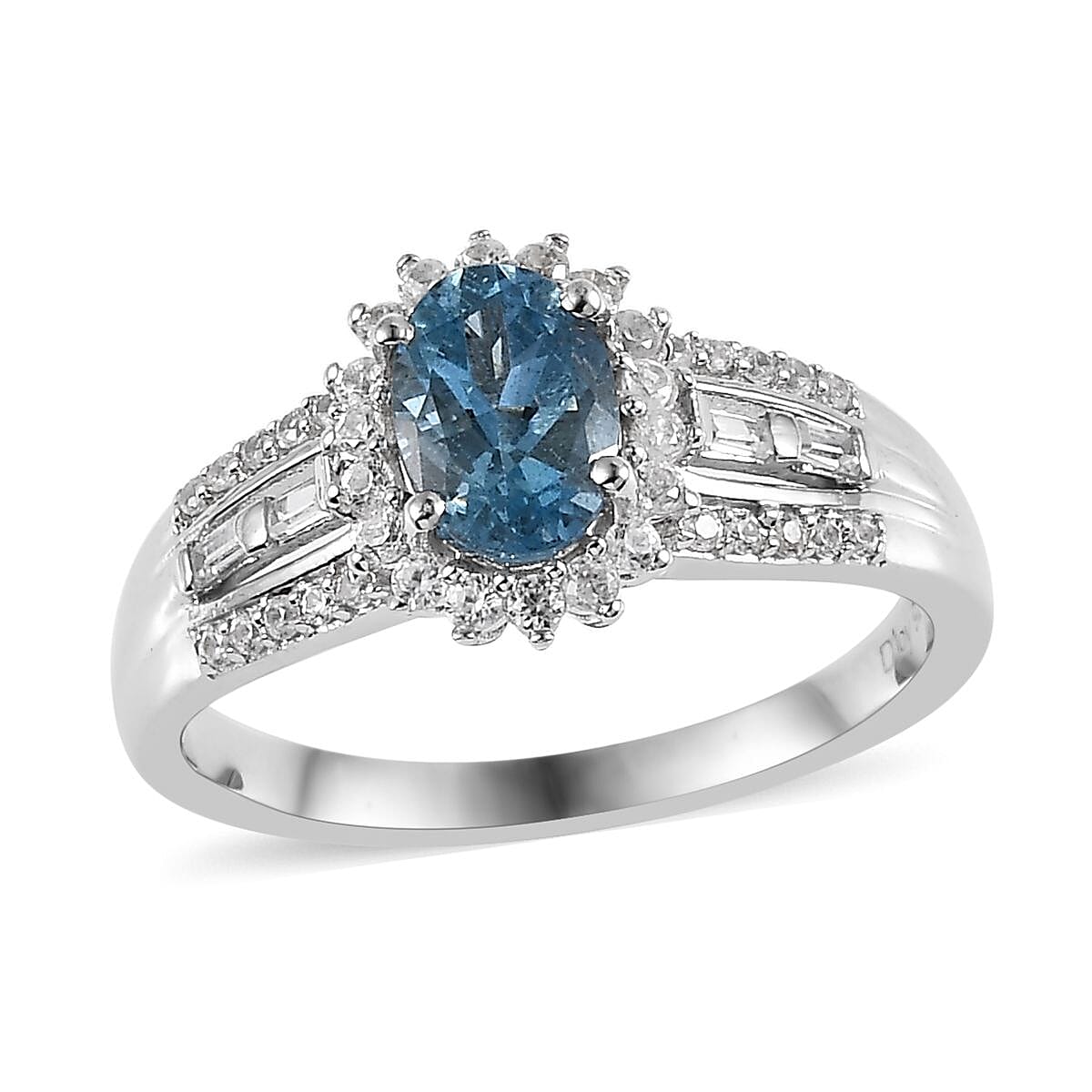 Santa Maria Aquamarine and White Zircon Sunburst Ring in Platinum Over Sterling Silver (Size 6.0) 1.20 ctw
