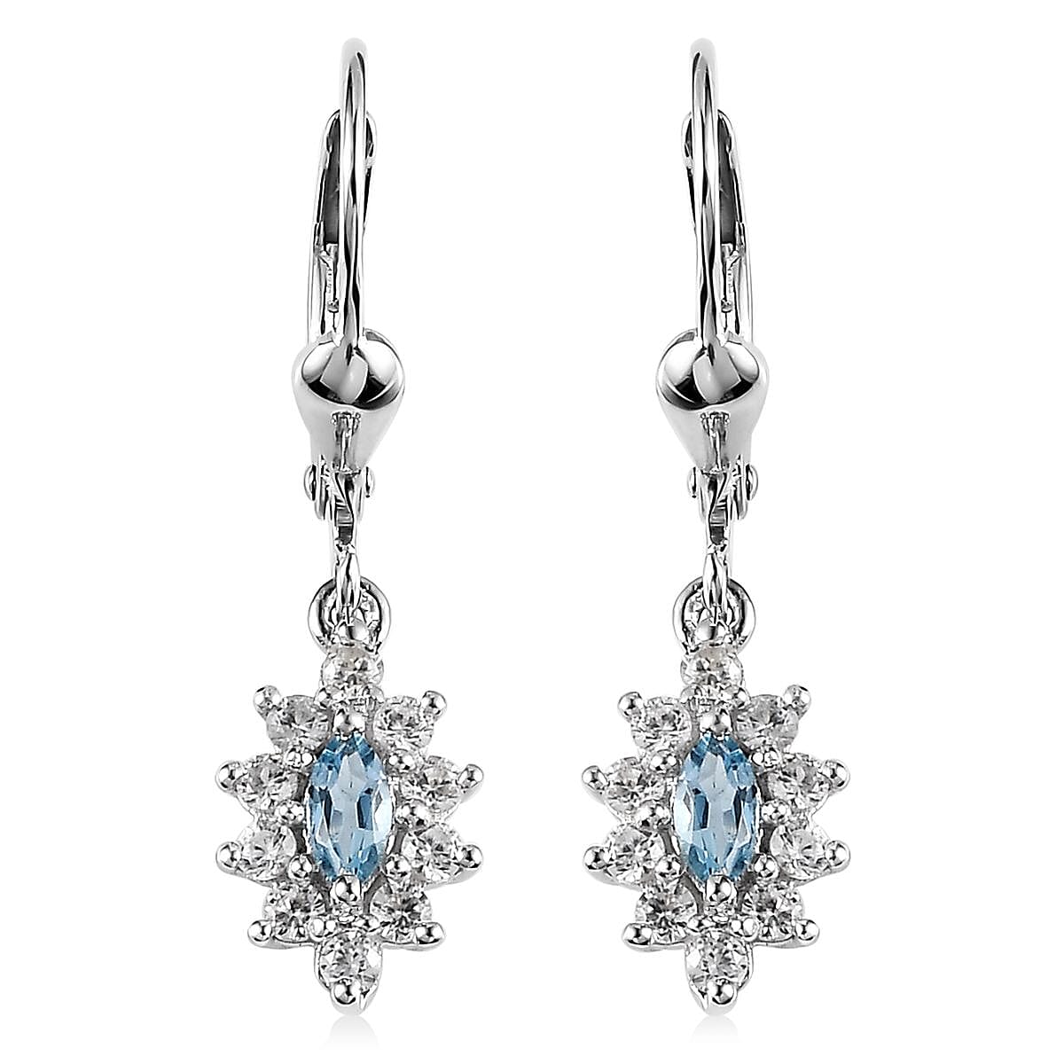 Santa Maria Aquamarine and White Zircon Lever Back Earrings in Platinum Over Sterling Silver 1.00 ctw