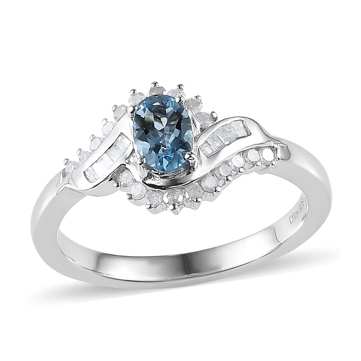 Santa Maria Aquamarine and White Diamond Bypass Ring in Platinum Over Sterling Silver 0.75 ctw
