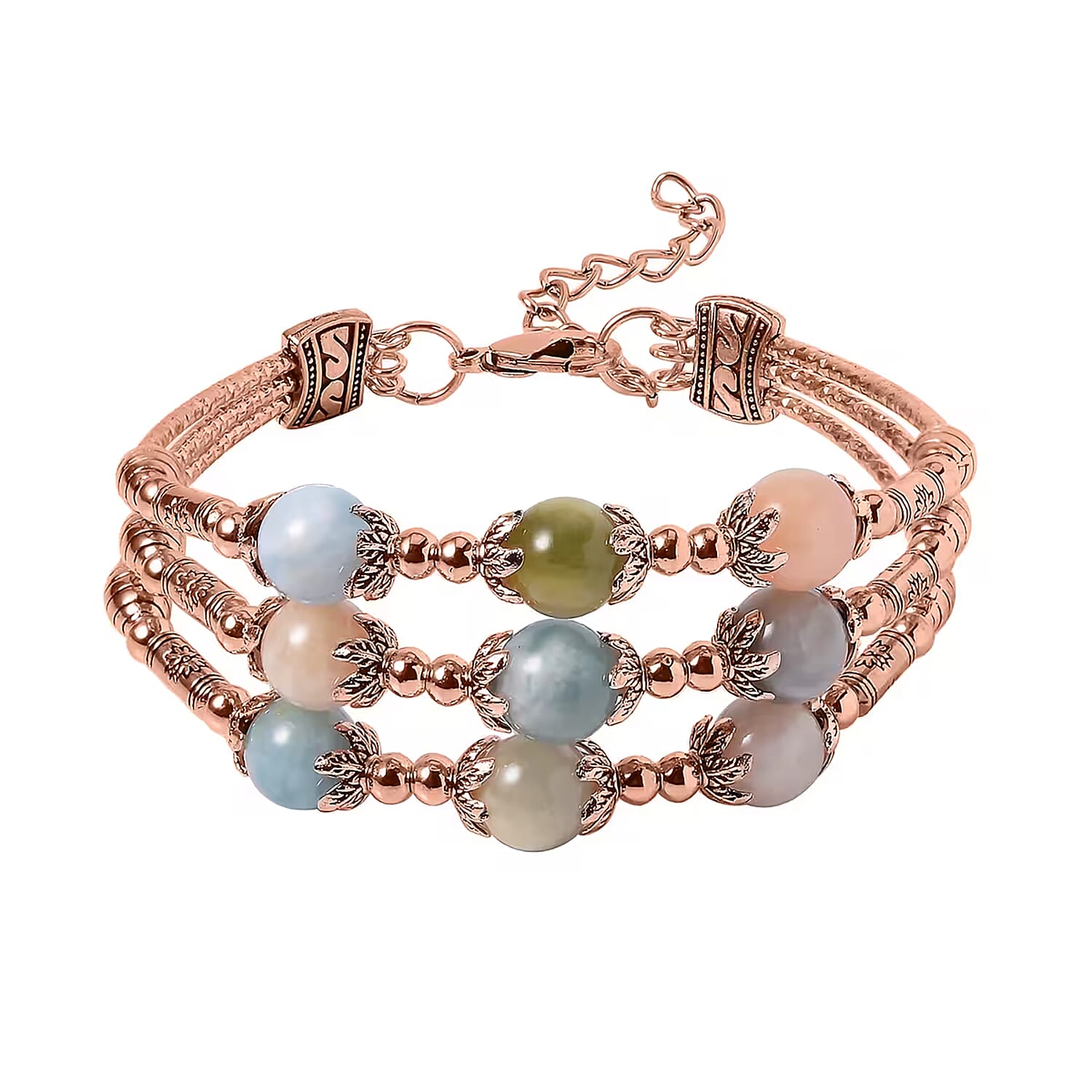 Amazonite 68.50 ctw 3 Row Station Bracelet in Silvertone (7-9In)