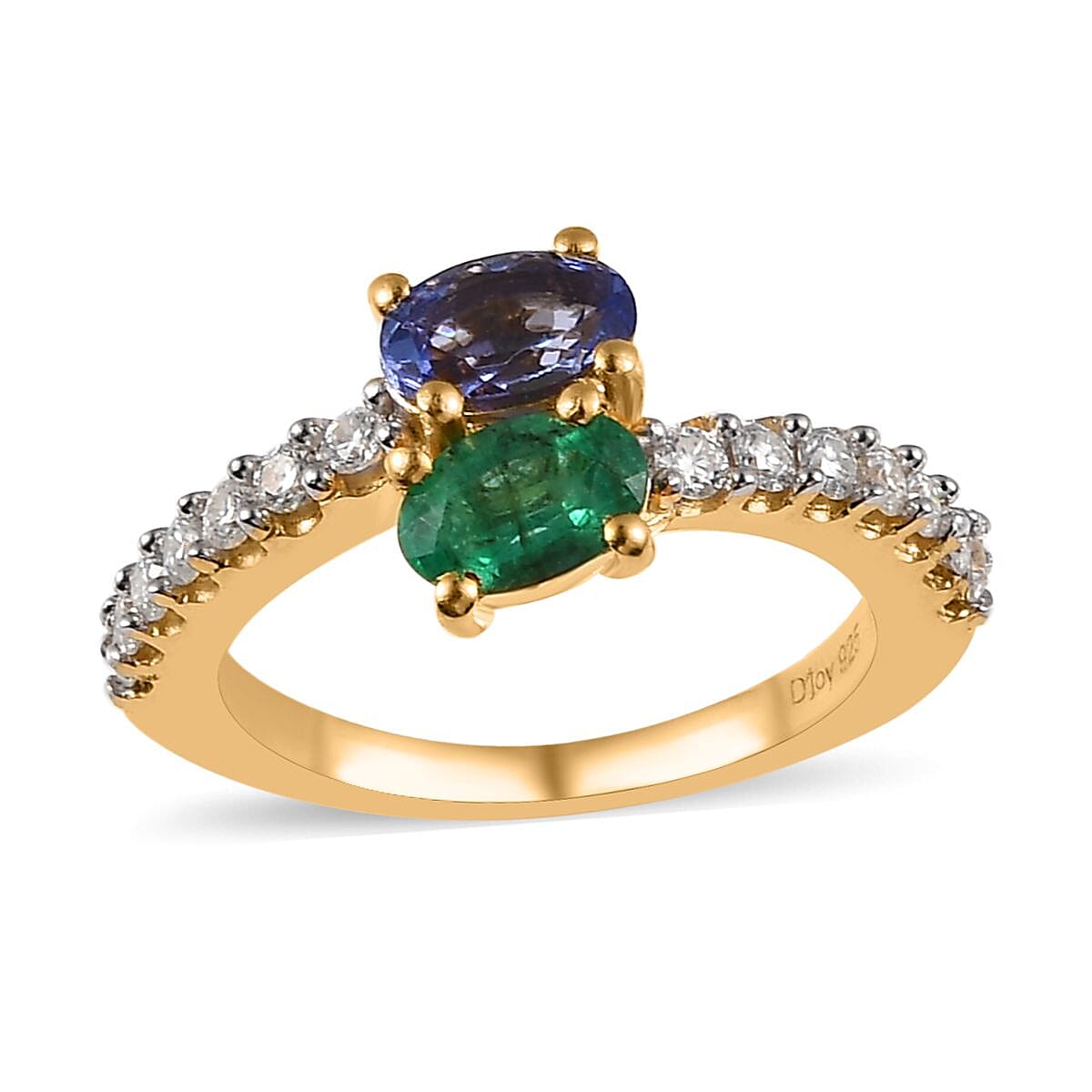 Premium Tanzanite, Kagem Zambian Emerald, Moissanite Bypass Ring in Vermeil YG Over Sterling Silver (Size 7.0) 1.30 ctw