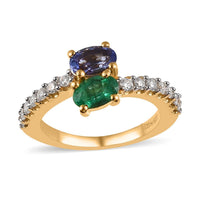 Premium Tanzanite, Kagem Zambian Emerald, Moissanite Bypass Ring in Vermeil YG Over Sterling Silver (Size 7.0) 1.30 ctw