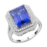 Certified and Appraised Rhapsody 950 Platinum AAAA Tanzanite and E-F VS Diamond Double Halo Ring 9.90 Grams 10.65 ctw