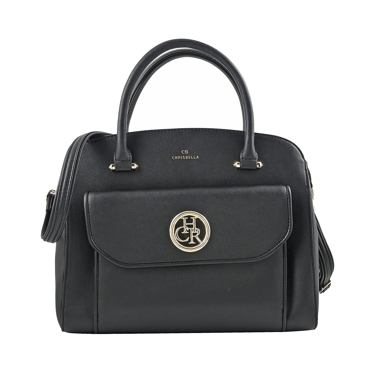 MC Saffiano Black Front Flap Pocket Faux Leather Satchel Bag (12"x5.5"x10.5")