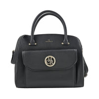 MC Saffiano Black Front Flap Pocket Faux Leather Satchel Bag (12"x5.5"x10.5")