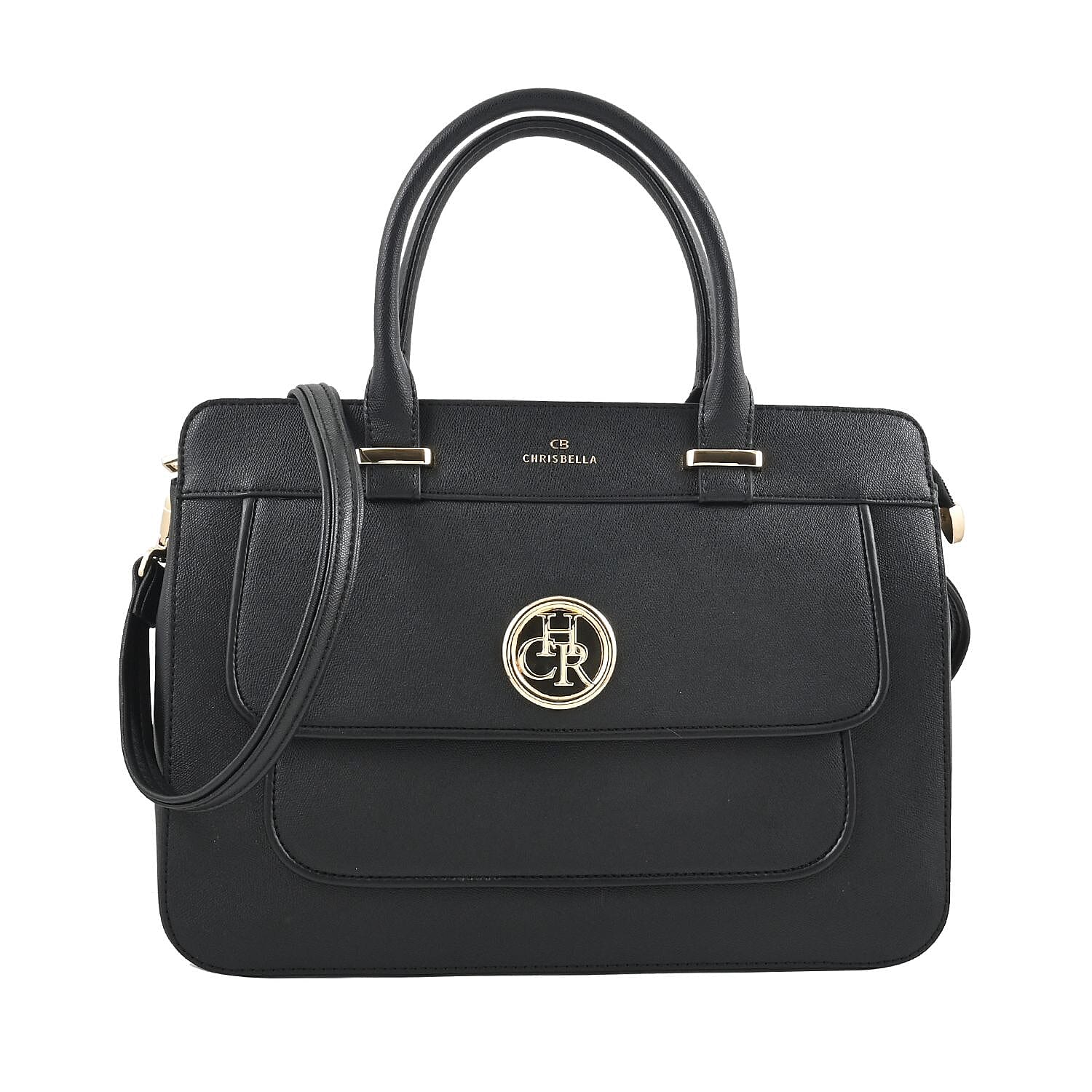 MC Saffiano Black Front Flap Pocket Faux Leather Satchel Bag (13"x5"x10")