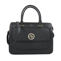 MC Saffiano Black Front Flap Pocket Faux Leather Satchel Bag (13"x5"x10")