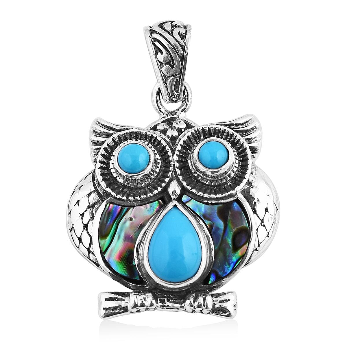 Bali Legacy Sleeping Beauty Turquoise and Abalone Shell Owl Pendant in Sterling Silver 2.40 ctw