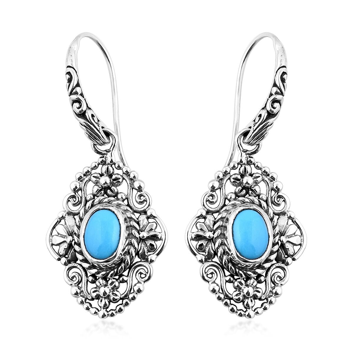Bali Legacy Sleeping Beauty Turquoise Fish Hook Earrings in Sterling Silver 2.10 ctw