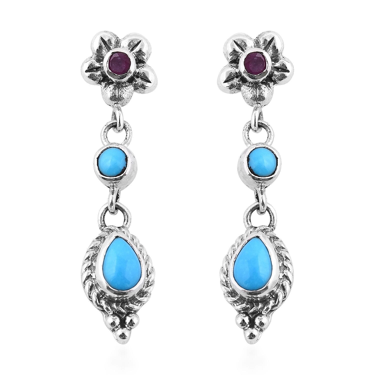 Bali Legacy Sleeping Beauty Turquoise and Niassa Ruby (FF) Dangle Earrings in Sterling Silver 2.20 ctw
