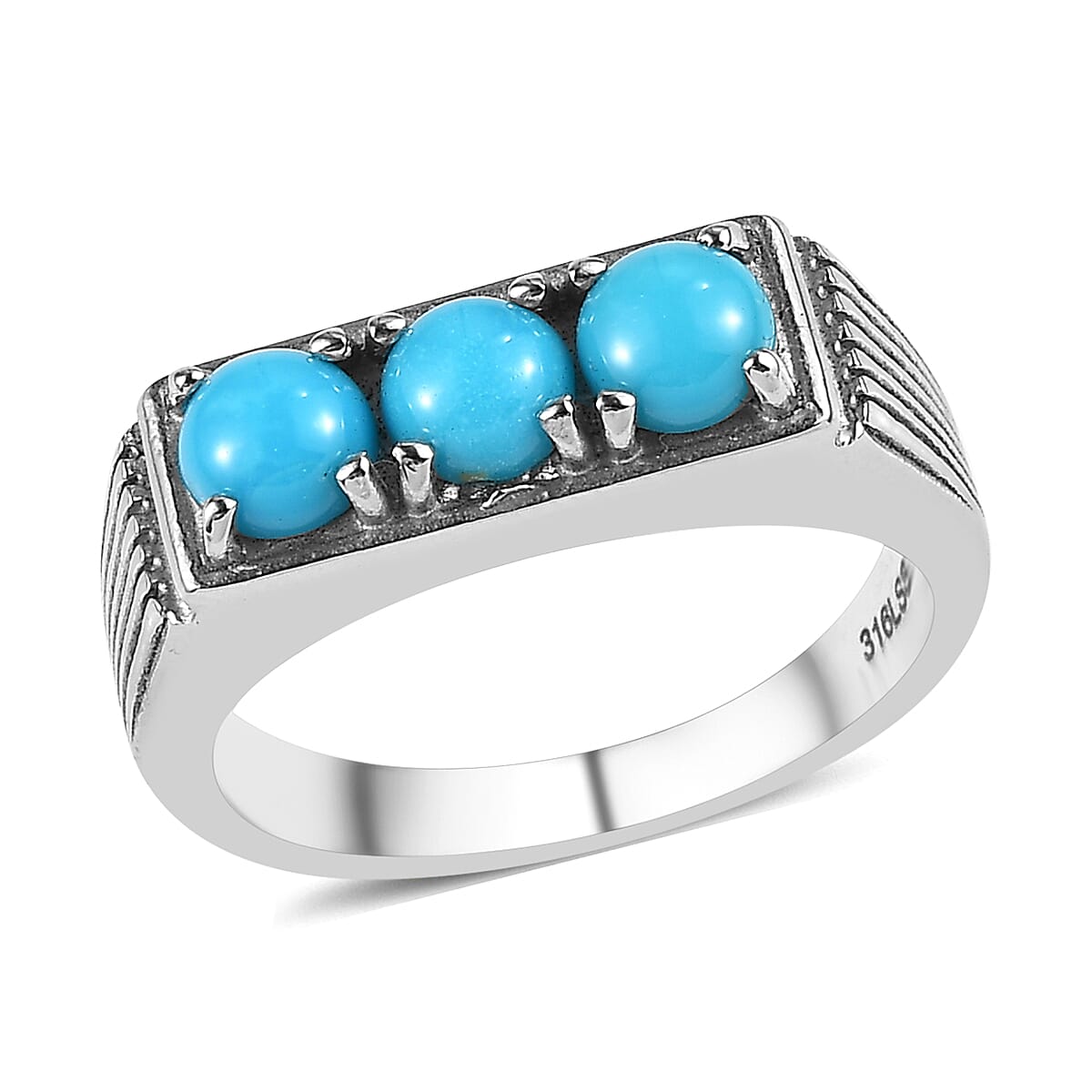Sleeping Beauty Turquoise 3 Stone Ring in Stainless Steel (Size 10) 1.50 ctw