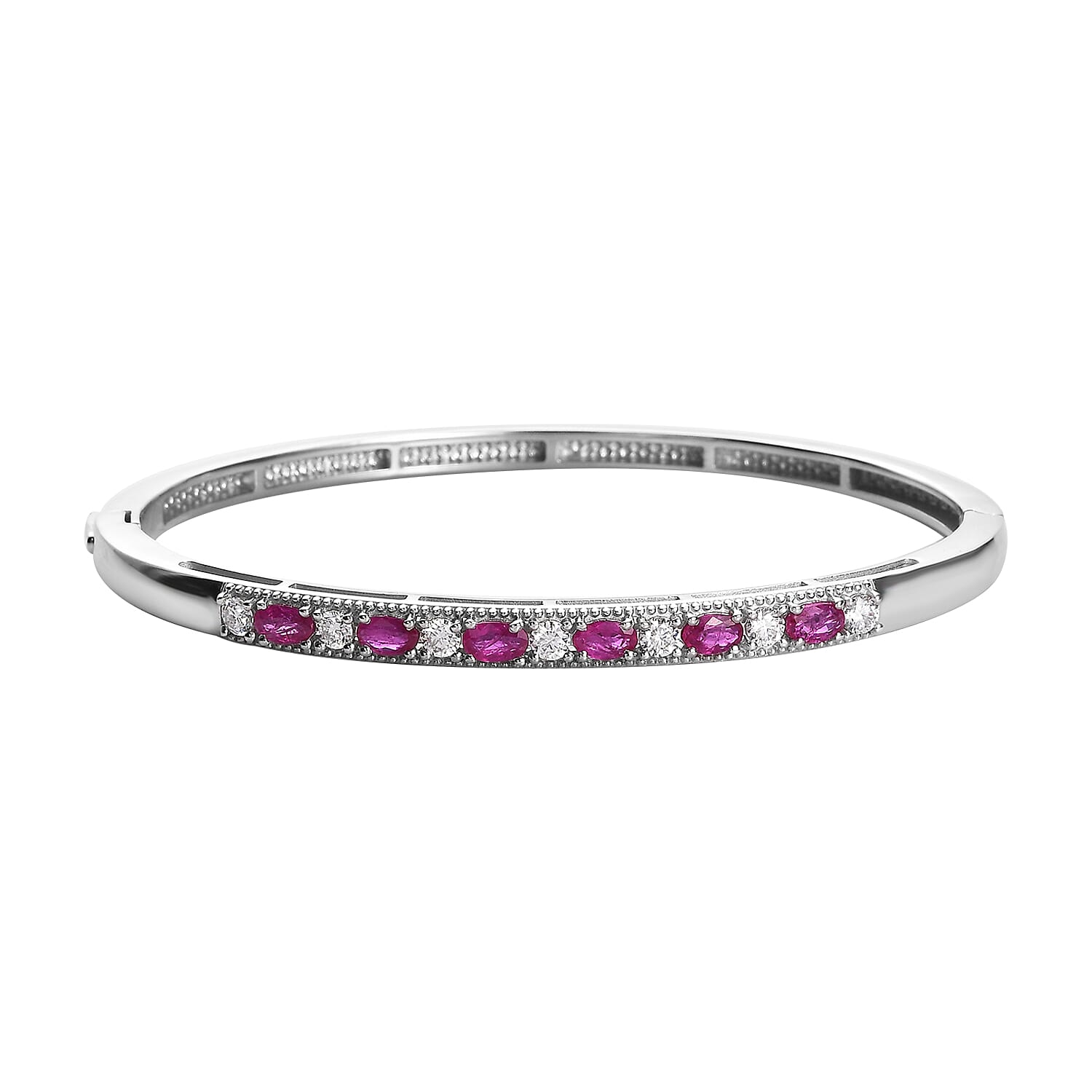 Premium Montepuez Ruby and Moissanite Bangle Bracelet in Platinum Over Sterling Silver (7.25 In) 2.35 ctw