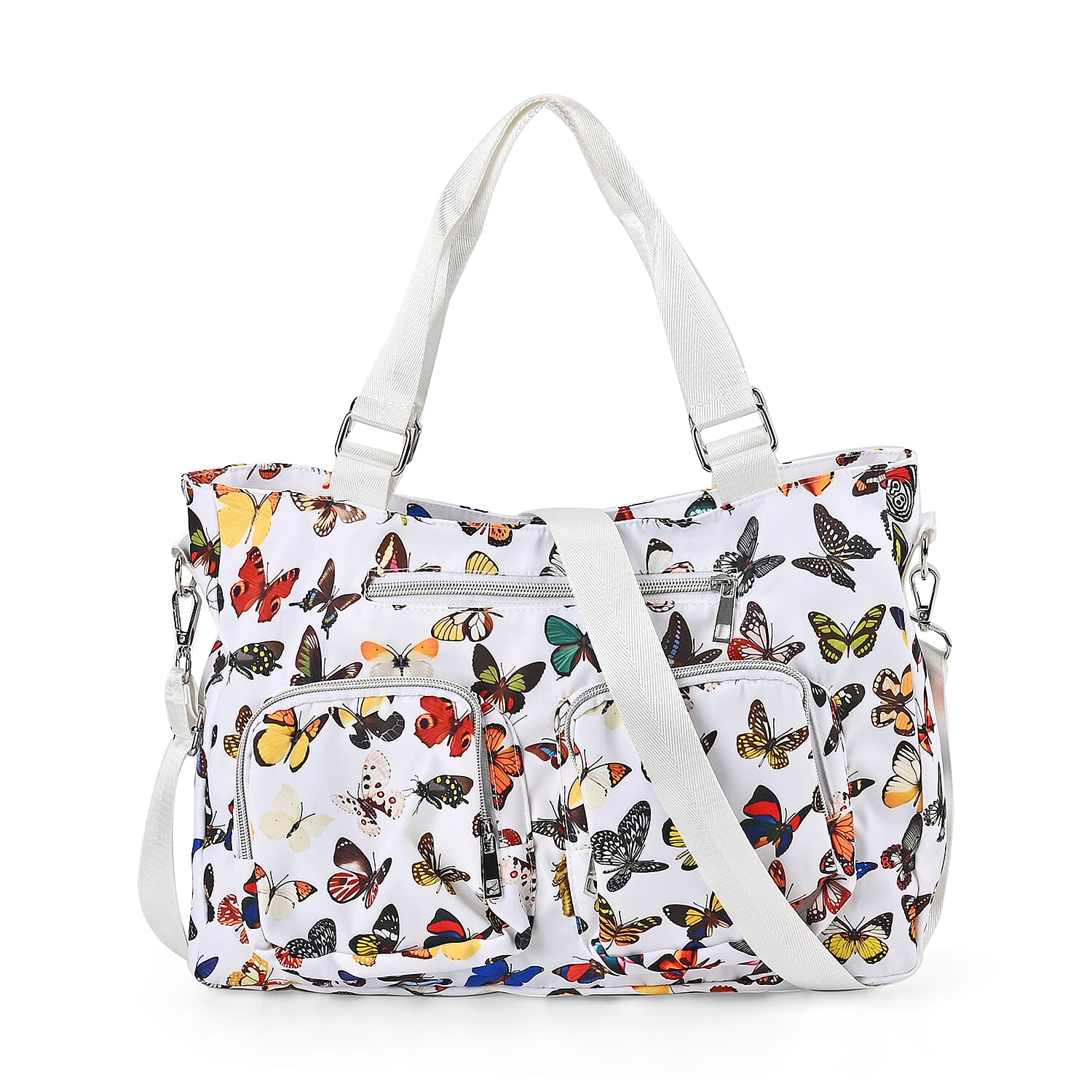 White and Multi Butterfly Pattern CrossBody Bag (14.6"x3.9"x10.6") with Handle Drop and Shoulder Strap (50.8")