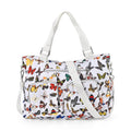 White and Multi Butterfly Pattern CrossBody Bag (14.6"x3.9"x10.6") with Handle Drop and Shoulder Strap (50.8") - Sticky add to cart bar