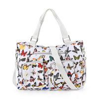 White and Multi Butterfly Pattern CrossBody Bag (14.6"x3.9"x10.6") with Handle Drop and Shoulder Strap (50.8")
