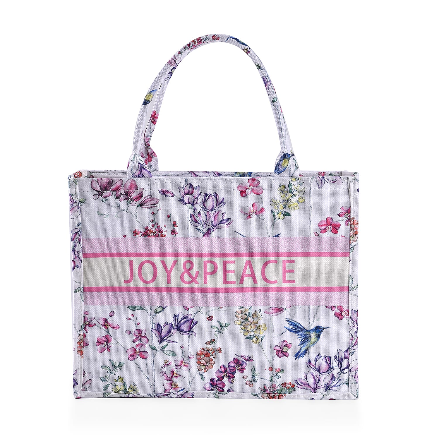 White with Multi Flower Printed Tote Bag (17"x6.3"x13.8") with Handle Drop (5.5")