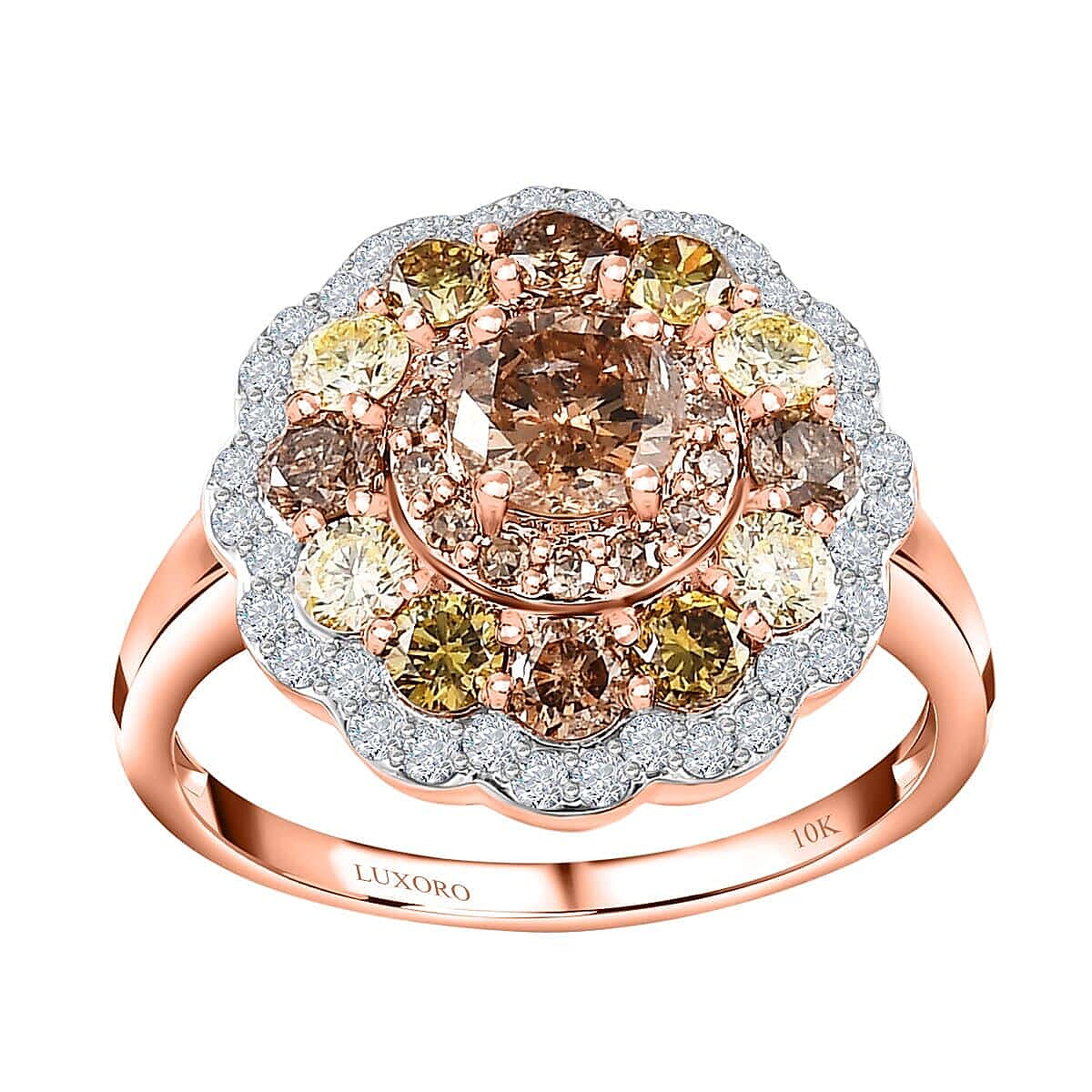 Doorbuster Luxoro 10K Rose Gold Natural Champagne, Natural Yellow and White Diamond (I3) Ring (Size 7.0) 2.00 ctw
