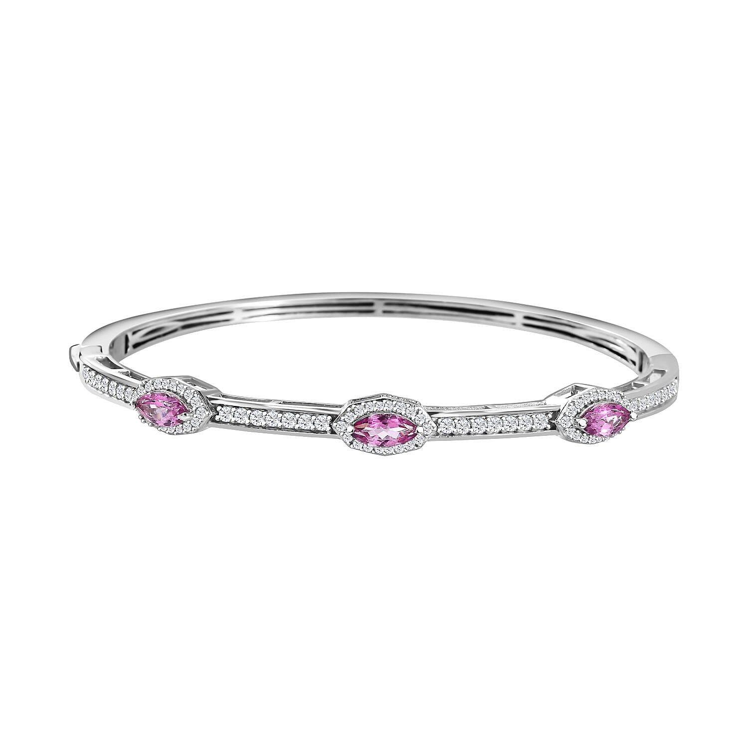 Pure Pink Mystic Topaz and Moissanite Evil Eye Protector Bangle Bracelet in Platinum Over Sterling Silver (7.25 In) 3.30 ctw