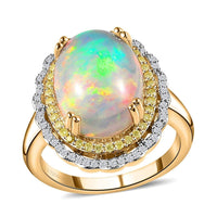 Luxoro 14K Yellow Gold AAA Ethiopian Welo Opal, I3 Natural Yellow and White Diamond Ring (Size 9.0) 7 Grams 7.85 ctw