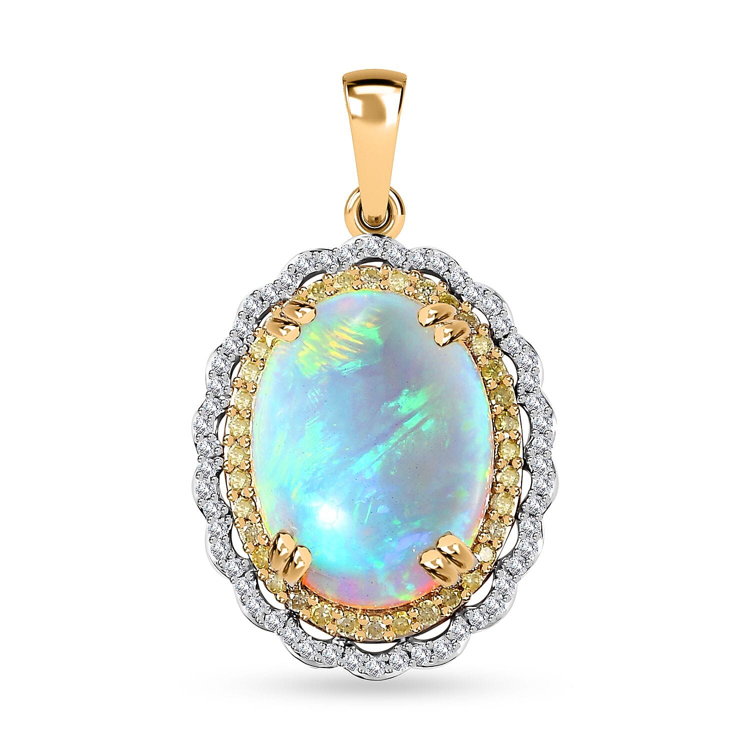 Luxoro 14K Yellow Gold AAA Ethiopian Welo Opal, I3 Natural Yellow and White Diamond Pendant 3.75 Grams 7.80 ctw